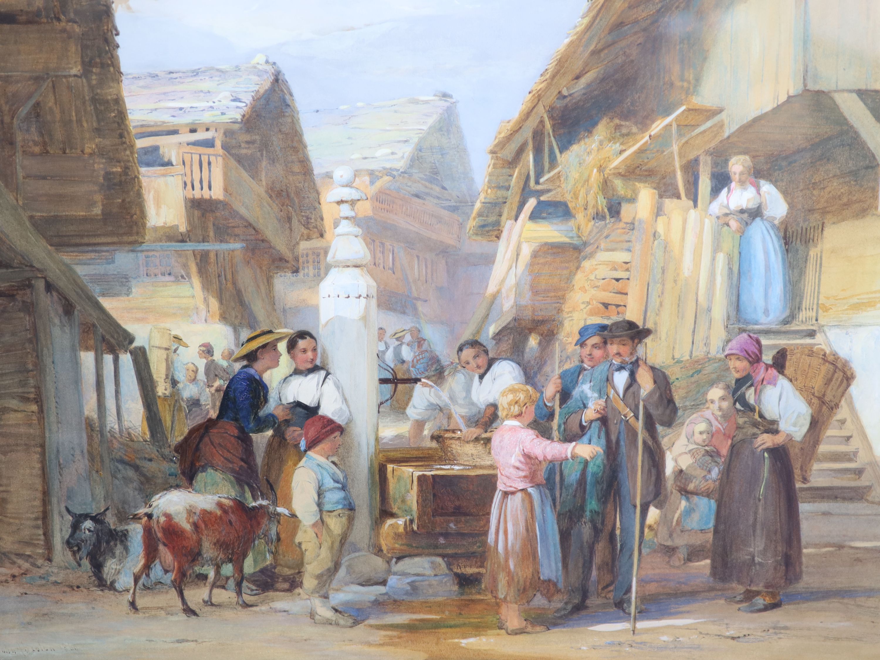 John Absolon (1815-1895), Alpine market scenes, pair of watercolours, 35 x 51 cm